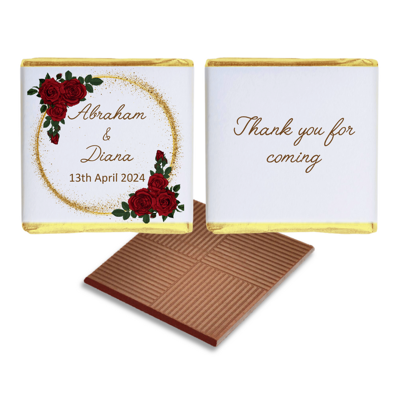 Red Roses With Gold Shimmer Chocolate Wedding Favours