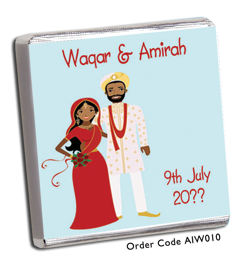 Asian bride and groom on wedding favour