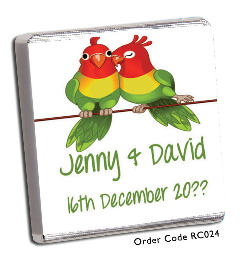 two parrots sat on branch.