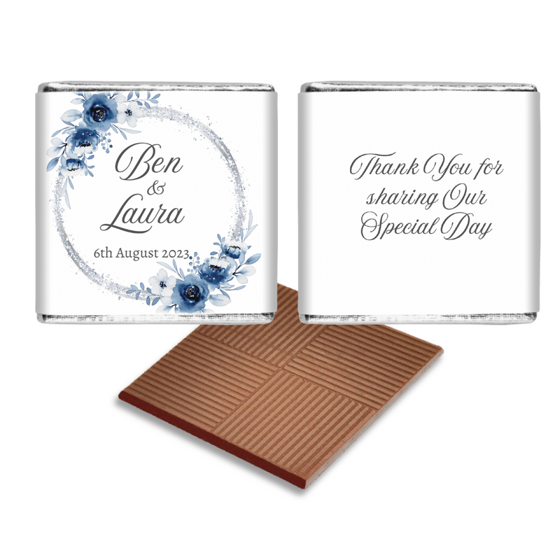 Blue Painted Flower with Silver Glitter Wedding Chocolate