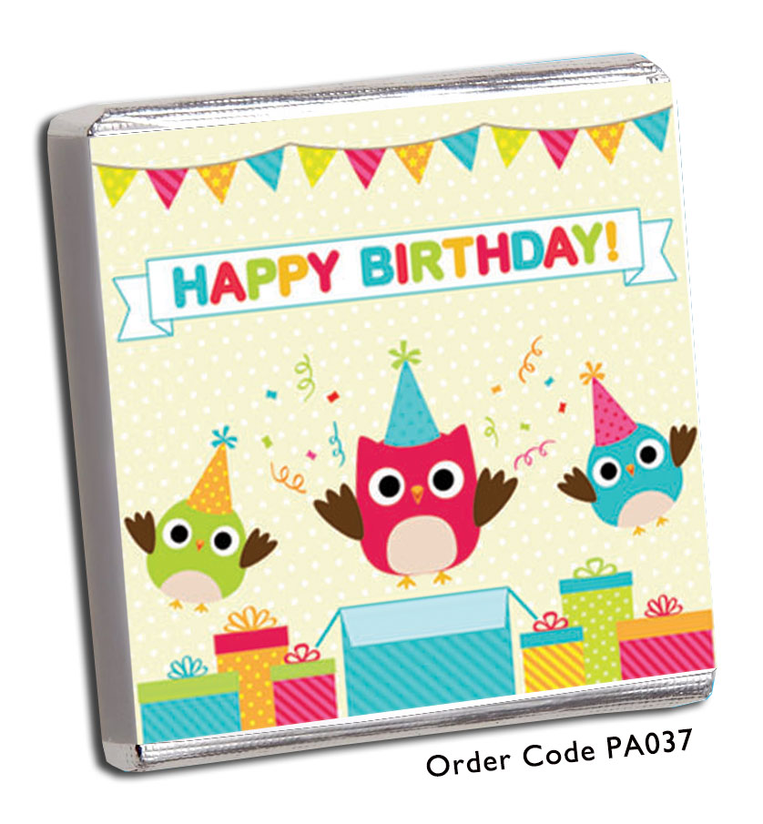 multi coloured owls with happy birthday banner