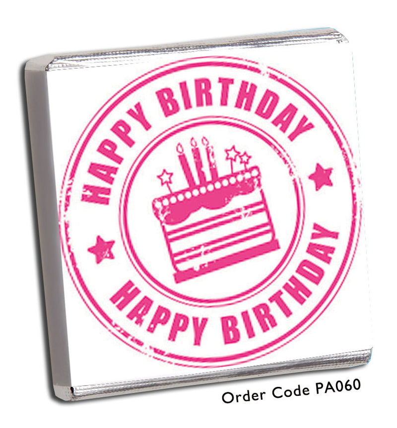 pink happy birthday stamp with birthday cake in the centre